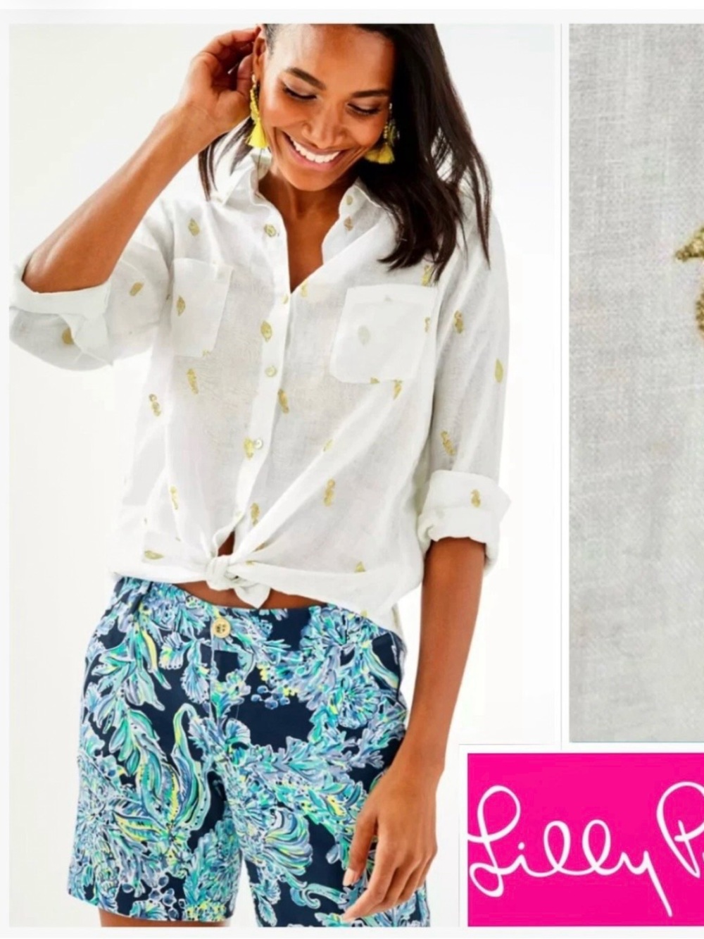 Lilly Pulitzer Sea View Blouse White Linen L